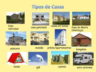 Tipos de CasasCasa individualcasas em bandacasa geminadaCasa do Monte (Alentejo)mansãoprédio/apartamentos palacetebungalowtendacasteloiglôauto caravana