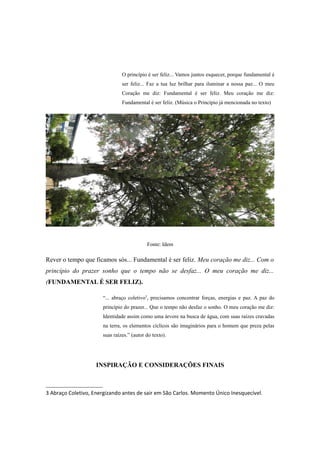 O princípio é ser feliz... Vamos juntos esquecer, porque fundamental é
                               ser feliz... Faz a tua luz brilhar para iluminar a nossa paz... O meu
                               Coração me diz: Fundamental é ser feliz. Meu coração me diz:
                               Fundamental é ser feliz. (Música o Princípio já mencionada no texto)




                                           Fonte: Idem

Rever o tempo que ficamos sós... Fundamental é ser feliz. Meu coração me diz... Com o
princípio do prazer sonho que o tempo não se desfaz... O meu coração me diz...
(FUNDAMENTAL É SER FELIZ).

                      “... abraço coletivo3, precisamos concentrar forças, energias e paz. A paz do
                      princípio do prazer... Que o tempo não desfaz o sonho. O meu coração me diz:
                      Identidade assim como uma árvore na busca de água, com suas raízes cravadas
                      na terra, os elementos cíclicos são imaginários para o homem que preza pelas
                      suas raízes.” (autor do texto).




                    INSPIRAÇÃO E CONSIDERAÇÕES FINAIS



3 Abraço Coletivo, Energizando antes de sair em São Carlos. Momento Único Inesquecível.
 