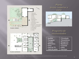 • Jardim           • Circulação
• Garagem          • Dormitórios
• Acesso           • Roupeiros
• Biblioteca       • Banheiros
• Estar            • Varanda
• Sala de TV.      • Pátio
• Sala de jantar   • Serviços




                                   11
 