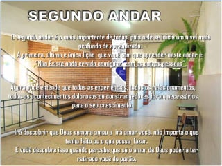 O segundo andar é o mais importante de todos, pois nele se inicia um nível mais
profundo de aprendizado.
A primeira, última e única lição que você tem que aprender neste andar é:
“Não Existe nada errado comigo ou com as outras pessoas”.
Agora você entende que todas as experiências, todos os relacionamentos,
todos os acontecimentos dolorosos ou constrangedores foram necessários
para o seu crescimento.
Irá descobrir que Deus sempre amou e irá amar você, não importa o que
tenha feito ou o que possa fazer.
E você descobre isso quando percebe que só o amor de Deus poderia ter
retirado você do porão.

 