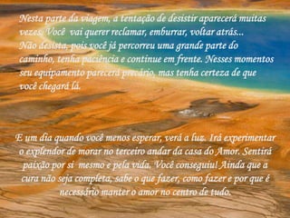Nesta parte da viagem, a tentação de desistir aparecerá muitas
vezes. Você vai querer reclamar, emburrar, voltar atrás...
Não desista, pois você já percorreu uma grande parte do
caminho, tenha paciência e continue em frente. Nesses momentos
seu equipamento parecerá precário, mas tenha certeza de que
você chegará lá.
E um dia quando você menos esperar, verá a luz. Irá experimentar
o explendor de morar no terceiro andar da casa do Amor. Sentirá
paixão por si mesmo e pela vida. Você conseguiu! Ainda que a
cura não seja completa, sabe o que fazer, como fazer e por que é
necessário manter o amor no centro de tudo.
 