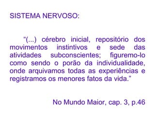 SISTEMA NERVOSO:


     “(...) cérebro inicial, repositório dos
movimentos instintivos e sede das
atividades subconscientes; figuremo-lo
como sendo o porão da individualidade,
onde arquivamos todas as experiências e
registramos os menores fatos da vida.”


             No Mundo Maior, cap. 3, p.46
 