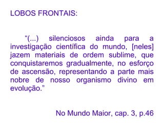 LOBOS FRONTAIS:


    “(...) silenciosos ainda para a
investigação científica do mundo, [neles]
jazem materiais de ordem sublime, que
conquistaremos gradualmente, no esforço
de ascensão, representando a parte mais
nobre de nosso organismo divino em
evolução.”


             No Mundo Maior, cap. 3, p.46
 