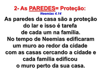 2- As PAREDES= Proteção:
Neemias 4.14

As paredes da casa são a proteção
do lar e isso é tarefa
de cada um na família.
No tempo de Neemias edificaram
um muro ao redor da cidade
com as casas cercando a cidade e
cada família edificou
o muro perto da sua casa.

 
