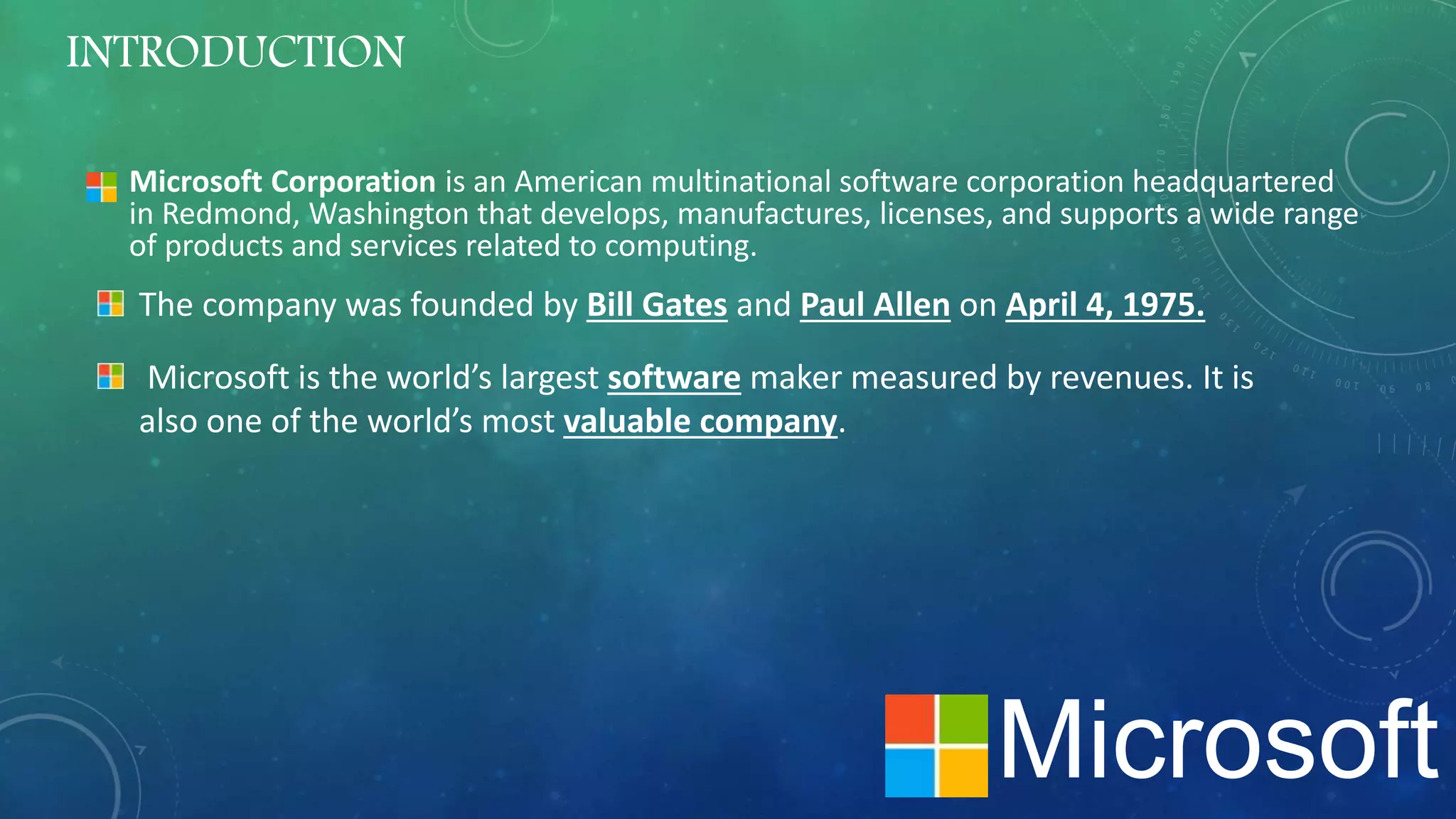 INTRODUCTION
Microsoft Corporation is an American multinational software corporation headquartered
in Redmond, Washington that develops, manufactures, licenses, and supports a wide range
of products and services related to computing.
Microsoft
The company was founded by Bill Gates and Paul Allen on April 4, 1975.
Microsoft is the world’s largest software maker measured by revenues. It is
also one of the world’s most valuable company.
 
