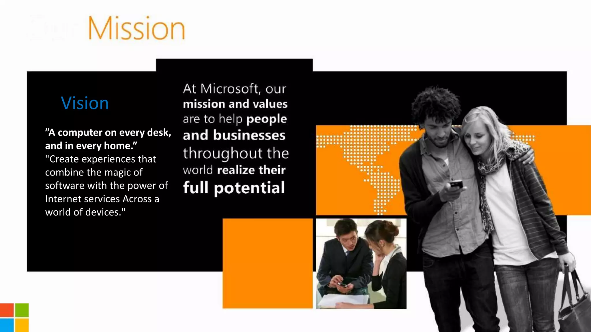 Vision
”A computer on every desk,
and in every home.”
"Create experiences that
combine the magic of
software with the power of
Internet services Across a
world of devices."
 