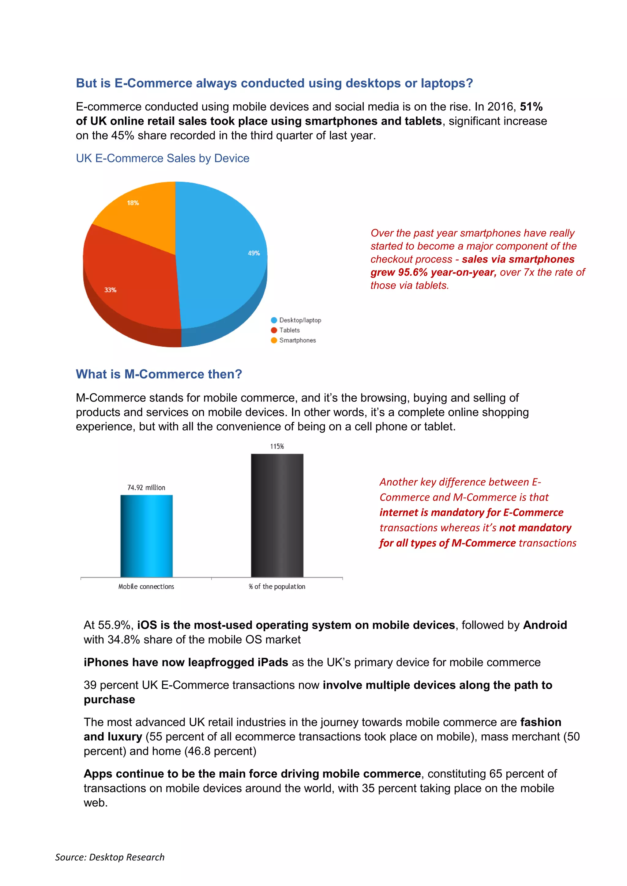 But is E-Commerce always conducted using desktops or laptops?
E-commerce conducted using mobile devices and social media is on the rise. In 2016, 51%
of UK online retail sales took place using smartphones and tablets, significant increase
on the 45% share recorded in the third quarter of last year.
UK E-Commerce Sales by Device
What is M-Commerce then?
M-Commerce stands for mobile commerce, and it’s the browsing, buying and selling of
products and services on mobile devices. In other words, it’s a complete online shopping
experience, but with all the convenience of being on a cell phone or tablet.
Over the past year smartphones have really
started to become a major component of the
checkout process - sales via smartphones
grew 95.6% year-on-year, over 7x the rate of
those via tablets.
Another key difference between E-
Commerce and M-Commerce is that
internet is mandatory for E-Commerce
transactions whereas it’s not mandatory
for all types of M-Commerce transactions
At 55.9%, iOS is the most-used operating system on mobile devices, followed by Android
with 34.8% share of the mobile OS market
iPhones have now leapfrogged iPads as the UK’s primary device for mobile commerce
39 percent UK E-Commerce transactions now involve multiple devices along the path to
purchase
The most advanced UK retail industries in the journey towards mobile commerce are fashion
and luxury (55 percent of all ecommerce transactions took place on mobile), mass merchant (50
percent) and home (46.8 percent)
Apps continue to be the main force driving mobile commerce, constituting 65 percent of
transactions on mobile devices around the world, with 35 percent taking place on the mobile
web.
Source: Desktop Research
 