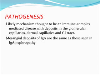 PATHOGENESIS <ul><li>Likely mechanism thought to be an immune-complex mediated disease with deposits in the glomerular cap...