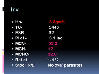 Inv

   Hb-          3.8gm%
   TC-          5440
   ESR-        32
   Pl ct -      3.1 lac
   MCV-        53.2
   MCH-        12
   MCHC-       22.6
   Ret ct –    1.4 %
   Stool R/E   No ova/ parasites
 