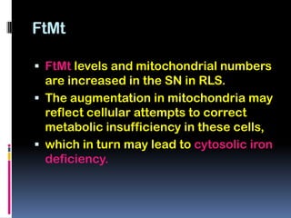 FtMt

 FtMt levels and mitochondrial numbers
  are increased in the SN in RLS.
 The augmentation in mitochondria may
  reflect cellular attempts to correct
  metabolic insufficiency in these cells,
 which in turn may lead to cytosolic iron
  deficiency.
 