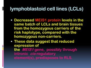 lymphoblastoid cell lines (LCLs)

 Decreased MEIS1 protein levels in the
  same batch of LCLs and brain tissues
  from the homozygous carriers of the
  risk haplotype, compared with the
  homozygous non-carriers.
 These data suggest that reduced
  expression of
  the MEIS1 gene, possibly through
  intronic cis-regulatory
  element(s), predisposes to RLS.
 