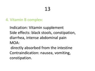 13
4. Vitamin B complex:
Indication: Vitamin supplement
Side effects: black stools, constipation,
diarrhea, intense abdominal pain
MOA:
directly absorbed from the intestine
Contraindication: nausea, vomiting,
constipation.
 