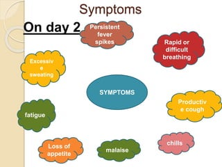 Symptoms
On day 2
SYMPTOMS
Persistent
fever
spikes Rapid or
difficult
breathing
Productiv
e cough
chills
Loss of
appetite
malaise
fatigue
Excessiv
e
sweating
 