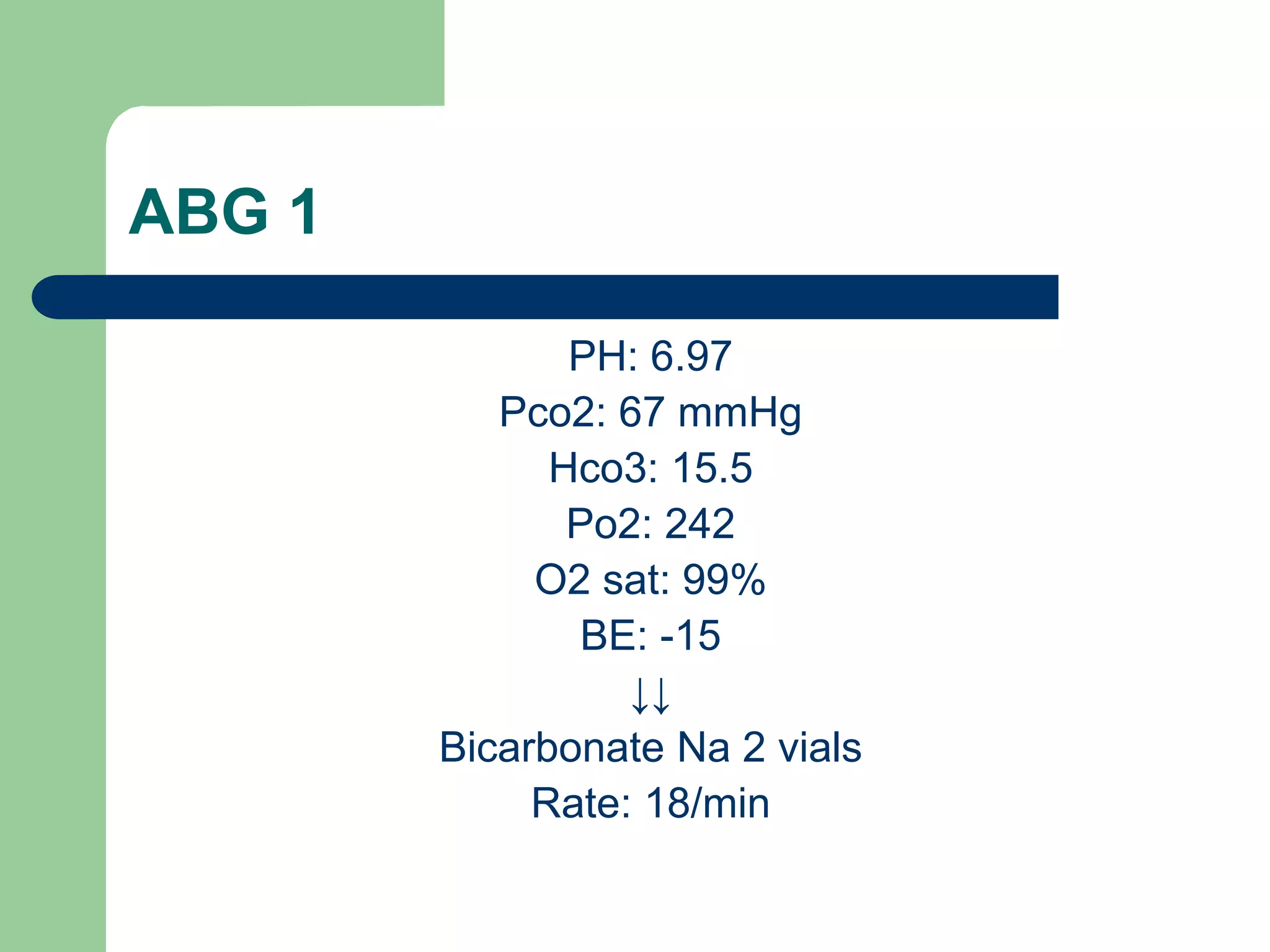 ABG 1
PH: 6.97
Pco2: 67 mmHg
Hco3: 15.5
Po2: 242
O2 sat: 99%
BE: -15
↓↓
Bicarbonate Na 2 vials
Rate: 18/min

 