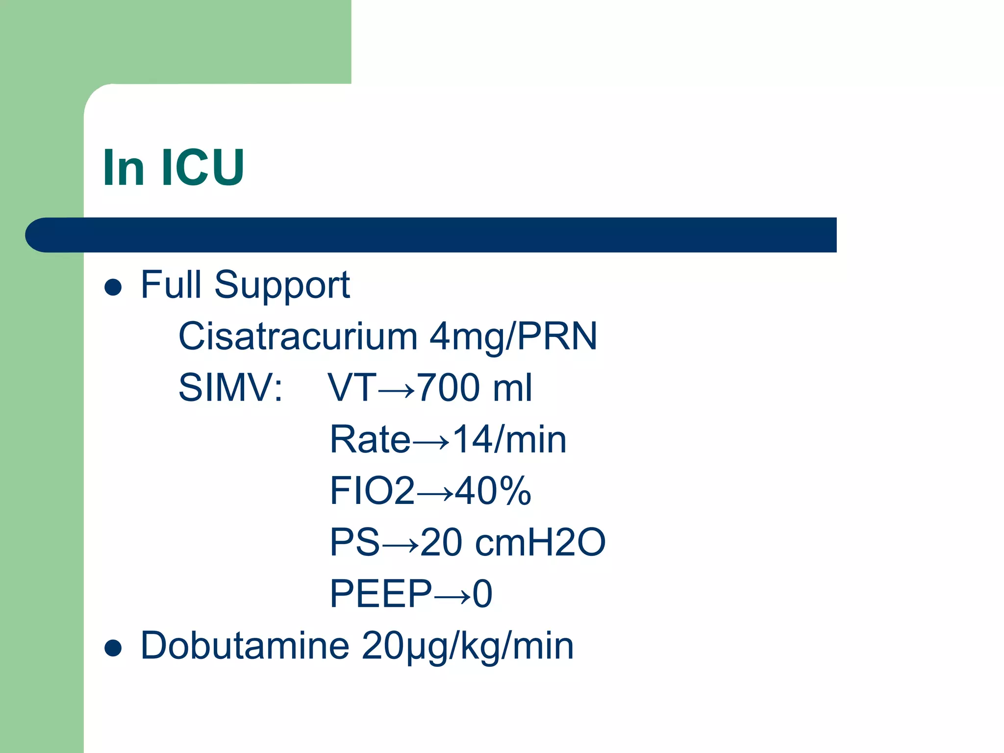 In ICU




Full Support
Cisatracurium 4mg/PRN
SIMV: VT→700 ml
Rate→14/min
FIO2→40%
PS→20 cmH2O
PEEP→0
Dobutamine 20µg/kg/min

 