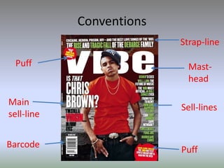 Conventions
                          Strap-line

  Puff                      Mast-
                            head

Main
                          Sell-lines
sell-line


Barcode
                          Puff
 