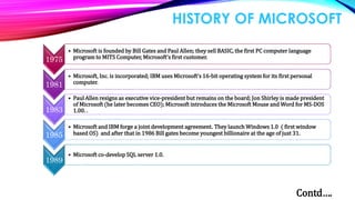 1975
• Microsoft is founded by Bill Gates and Paul Allen; they sell BASIC, the first PC computer language
program to MITS Computer, Microsoft's first customer.
1981
• Microsoft, Inc. is incorporated; IBM uses Microsoft's 16-bit operating system for its first personal
computer.
1983
• Paul Allen resigns as executive vice-president but remains on the board; Jon Shirley is made president
of Microsoft (he later becomes CEO); Microsoft introduces the Microsoft Mouse and Word for MS-DOS
1.00. .
1985
• Microsoft and IBM forge a joint development agreement. They launch Windows 1.0 ( first window
based OS) and after that in 1986 Bill gates become youngest billionaire at the age of just 31.
1989
• Microsoft co-develop SQL server 1.0.
Contd….
HISTORY OF MICROSOFT
 