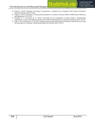 TheInternational J
ournal Of Business& Management (ISSN 2321 – 8916) www.theijbm.com
210 Vol 2 Issue6 J
une, 2014
15. Pineda, P. (2010). Evaluation of training in organisations: a proposal for an integrated model. Journal of European
Industrial Training, 34(7), 673-693.
16. Topno, H. (2012). Evaluation of Training and Development: An Analysis of Various Models. IOSR Journal of Business
and Management, 5(2), 16-22.
17. Chaudhry, N. I., & Roomi, M. A. (2010). Accounting for the development of human capital in manufacturing
organizations: A study of the Pakistani textile sector. Journal of Human Resource Costing & Accounting, 14(3), 178-195.
18. Attia, A. M., & Honeycutt Jr, E. D. (2012). Measuring sales training effectiveness at the behavior and results levels using
self-and supervisor evaluations. Marketing Intelligence & Planning, 30(3), 324-338
 