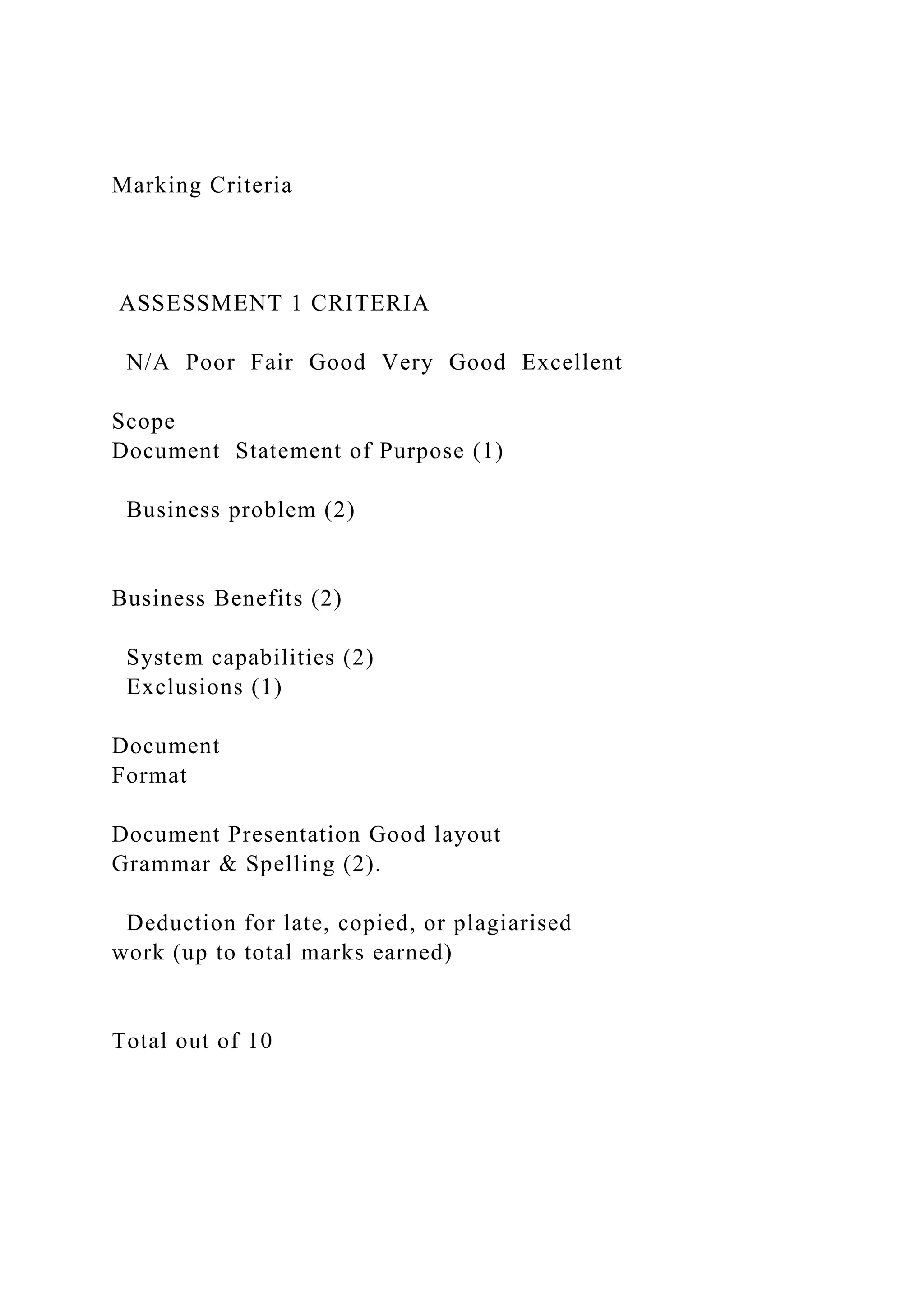 Marking Criteria
ASSESSMENT 1 CRITERIA
N/A Poor Fair Good Very Good Excellent
Scope
Document Statement of Purpose (1)
Business problem (2)
Business Benefits (2)
System capabilities (2)
Exclusions (1)
Document
Format
Document Presentation Good layout
Grammar & Spelling (2).
Deduction for late, copied, or plagiarised
work (up to total marks earned)
Total out of 10
 
