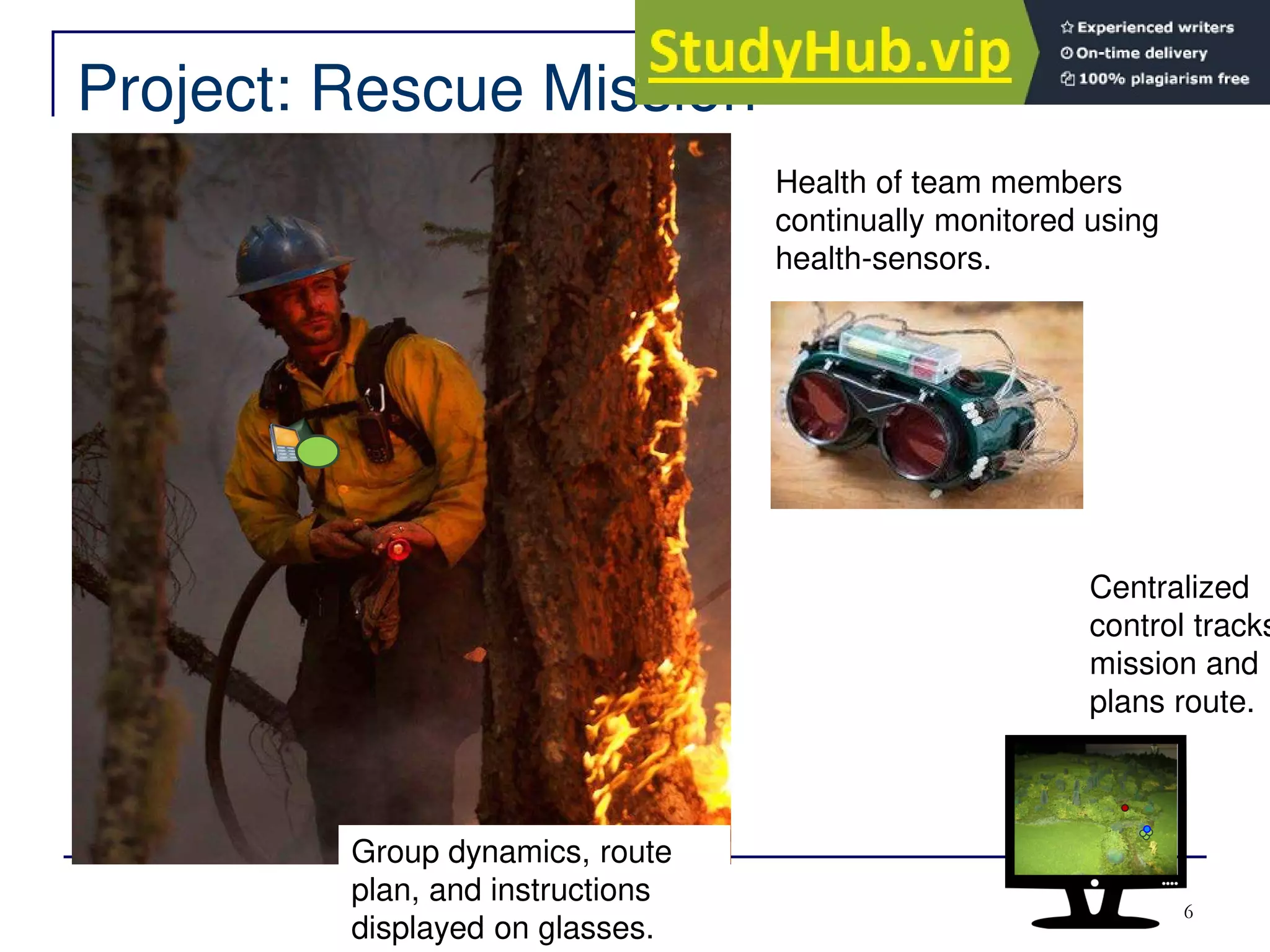 Project: Rescue Mission
6
Group dynamics, route
plan, and instructions
displayed on glasses.
Centralized
control tracks
mission and
plans route.
Health of team members
continually monitored using
health-sensors.
 