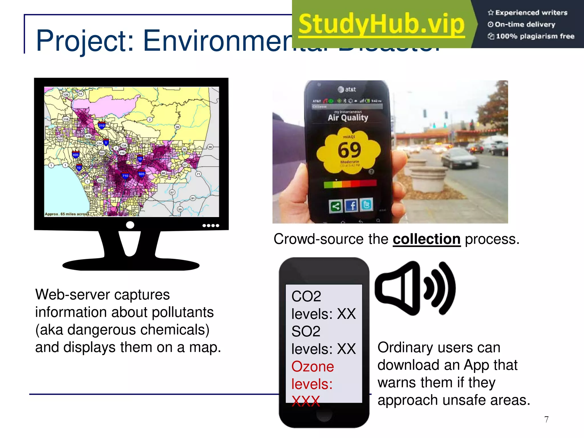 Project: Environmental Disaster
7
Web-server captures
information about pollutants
(aka dangerous chemicals)
and displays them on a map.
Crowd-source the collection process.
CO2
levels: XX
SO2
levels: XX
Ozone
levels:
XXX
Ordinary users can
download an App that
warns them if they
approach unsafe areas.
 