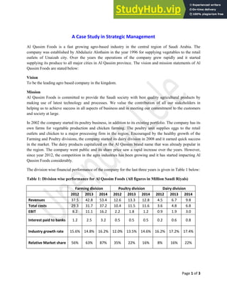 Page 1 of 3
A Case Study in Strategic Management
Al Qassim Foods is a fast growing agro-based industry in the central region of Saudi Arabia. The
company was established by Abdulaziz Alothaim in the year 1996 for supplying vegetables to the retail
outlets of Unaizah city. Over the years the operations of the company grew rapidly and it started
supplying its produce to all major cities in Al Qassim province. The vision and mission statements of Al
Qassim Foods are stated below:
Vision
To be the leading agro based company in the kingdom.
Mission
Al Qassim Foods is committed to provide the Saudi society with best quality agricultural products by
making use of latest technology and processes. We value the contribution of all our stakeholders in
helping us to achieve success in all aspects of business and in meeting our commitment to the customers
and society at large.
In 2002 the company started its poultry business, in addition to its existing portfolio. The company has its
own farms for vegetable production and chicken farming. The poultry unit supplies eggs to the retail
outlets and chicken to a major processing firm in the region. Encouraged by the healthy growth of the
Farming and Poultry divisions, the company started its dairy division in 2008 and it earned quick success
in the market. The dairy products capitalized on the Al Qassim brand name that was already popular in
the region. The company went public and its share price saw a rapid increase over the years. However,
since year 2012, the competition in the agro industries has been growing and it has started impacting Al
Qassim Foods considerably.
The division wise financial performance of the company for the last three years is given in Table 1 below:
Table 1: Division wise performance for Al Qassim Foods (All figures in Million Saudi Riyals)
Farming division Poultry division Dairy division
2012 2013 2014 2012 2013 2014 2012 2013 2014
Revenues 37.5 42.8 53.4 12.6 13.3 12.8 4.5 6.7 9.8
Total costs 29.3 31.7 37.2 10.4 11.5 11.6 3.6 4.8 6.8
EBIT 8.2 11.1 16.2 2.2 1.8 1.2 0.9 1.9 3.0
Interest paid to banks 1.2 2.5 3.2 0.5 0.5 0.5 0.2 0.6 0.8
Industry growth rate 15.6% 14.8% 16.2% 12.0% 13.5% 14.6% 16.2% 17.2% 17.4%
Relative Market share 56% 63% 87% 35% 22% 16% 8% 16% 22%
 