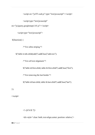 48 | P a g e
<script src="js/FF-cash.js" type="text/javascript"></script>
<script type="text/javascript"
src="js/jquery.googlemaps1.01.js"></script>
<script type="text/javascript">
$(function() {
/* For zebra striping */
$("table tr:nth-child(odd)").addClass("odd-row");
/* For cell text alignment */
$("table td:first-child, table th:first-child").addClass("first");
/* For removing the last border */
$("table td:last-child, table th:last-child").addClass("last");
});
</script>
<!--[if lt IE 7]>
<div style=' clear: both; text-align:center; position: relative;'>
 