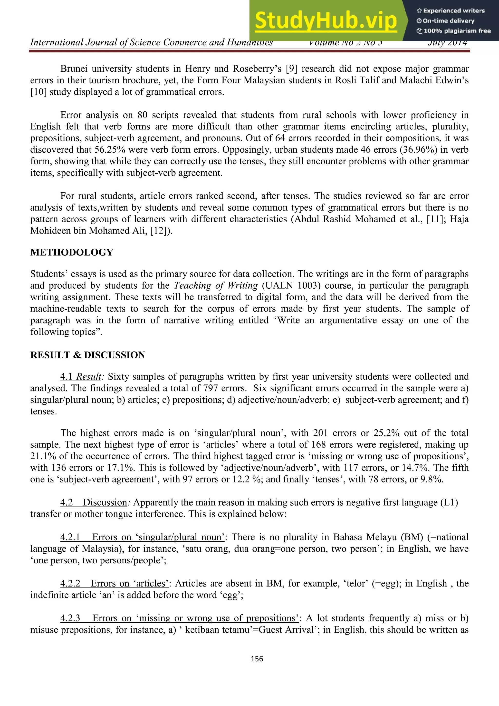 International Journal of Science Commerce and Humanities Volume No 2 No 5 July 2014
156
Brunei university students in Henry and Roseberry‟s [9] research did not expose major grammar
errors in their tourism brochure, yet, the Form Four Malaysian students in Rosli Talif and Malachi Edwin‟s
[10] study displayed a lot of grammatical errors.
Error analysis on 80 scripts revealed that students from rural schools with lower proficiency in
English felt that verb forms are more difficult than other grammar items encircling articles, plurality,
prepositions, subject-verb agreement, and pronouns. Out of 64 errors recorded in their compositions, it was
discovered that 56.25% were verb form errors. Opposingly, urban students made 46 errors (36.96%) in verb
form, showing that while they can correctly use the tenses, they still encounter problems with other grammar
items, specifically with subject-verb agreement.
For rural students, article errors ranked second, after tenses. The studies reviewed so far are error
analysis of texts,written by students and reveal some common types of grammatical errors but there is no
pattern across groups of learners with different characteristics (Abdul Rashid Mohamed et al., [11]; Haja
Mohideen bin Mohamed Ali, [12]).
METHODOLOGY
Students‟ essays is used as the primary source for data collection. The writings are in the form of paragraphs
and produced by students for the Teaching of Writing (UALN 1003) course, in particular the paragraph
writing assignment. These texts will be transferred to digital form, and the data will be derived from the
machine-readable texts to search for the corpus of errors made by first year students. The sample of
paragraph was in the form of narrative writing entitled „Write an argumentative essay on one of the
following topics”.
RESULT & DISCUSSION
4.1 Result: Sixty samples of paragraphs written by first year university students were collected and
analysed. The findings revealed a total of 797 errors. Six significant errors occurred in the sample were a)
singular/plural noun; b) articles; c) prepositions; d) adjective/noun/adverb; e) subject-verb agreement; and f)
tenses.
The highest errors made is on „singular/plural noun‟, with 201 errors or 25.2% out of the total
sample. The next highest type of error is „articles‟ where a total of 168 errors were registered, making up
21.1% of the occurrence of errors. The third highest tagged error is „missing or wrong use of propositions‟,
with 136 errors or 17.1%. This is followed by „adjective/noun/adverb‟, with 117 errors, or 14.7%. The fifth
one is „subject-verb agreement‟, with 97 errors or 12.2 %; and finally „tenses‟, with 78 errors, or 9.8%.
4.2 Discussion: Apparently the main reason in making such errors is negative first language (L1)
transfer or mother tongue interference. This is explained below:
4.2.1 Errors on „singular/plural noun‟: There is no plurality in Bahasa Melayu (BM) (=national
language of Malaysia), for instance, „satu orang, dua orang=one person, two person‟; in English, we have
„one person, two persons/people‟;
4.2.2 Errors on „articles‟: Articles are absent in BM, for example, „telor‟ (=egg); in English , the
indefinite article „an‟ is added before the word „egg‟;
4.2.3 Errors on „missing or wrong use of prepositions‟: A lot students frequently a) miss or b)
misuse prepositions, for instance, a) „ ketibaan tetamu‟=Guest Arrival‟; in English, this should be written as
 