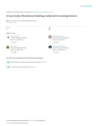 See discussions, stats, and author profiles for this publication at: https://www.researchgate.net/publication/325347660
A Case Study of Residential Buildings Subjected to Cracking Failures
Article  in  International Journal of Integrated Engineering · May 2018
DOI: 10.30880/ijie.2018.10.02.022
CITATION
1
READS
189
9 authors, including:
Some of the authors of this publication are also working on these related projects:
COMPUTATIONAL STUDY ON BUCKLING BEHAVIOUR OF PLFP PANEL View project
Coal Bottom Ash Self-compacting Concrete View project
Norwati Jamaluddin
Universiti Tun Hussein Onn Malaysia
67 PUBLICATIONS   573 CITATIONS   
SEE PROFILE
Abdul Halim Abdul Ghani
Universiti Tun Hussein Onn Malaysia
14 PUBLICATIONS   49 CITATIONS   
SEE PROFILE
Koh Heng Boon
Universiti Tun Hussein Onn Malaysia
31 PUBLICATIONS   366 CITATIONS   
SEE PROFILE
Mohd Haziman Wan Ibrahim
Universiti Tun Hussein Onn Malaysia
157 PUBLICATIONS   887 CITATIONS   
SEE PROFILE
All content following this page was uploaded by Noridah Mohamad on 18 January 2021.
The user has requested enhancement of the downloaded file.
 