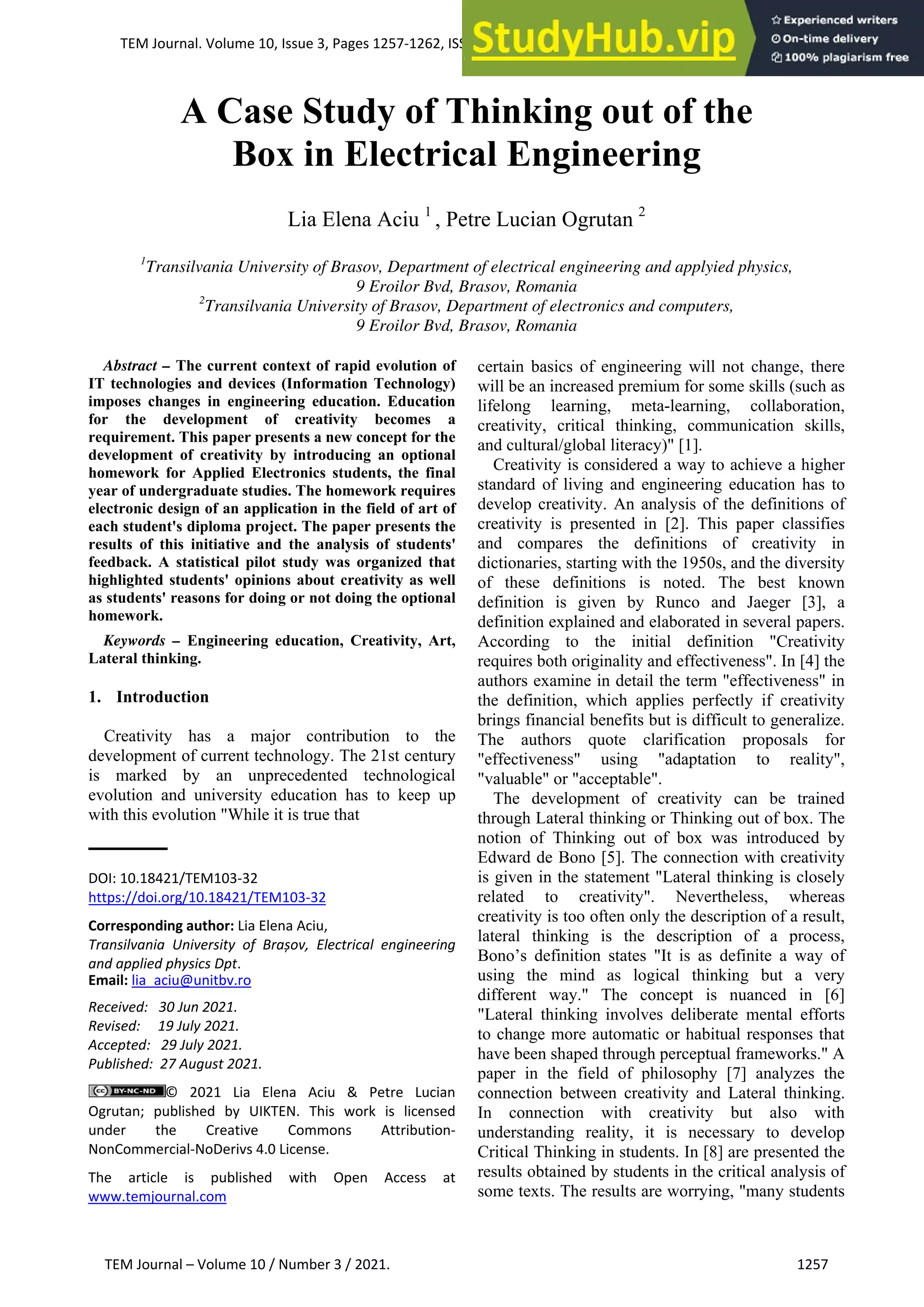 A Case Study Of Thinking Out Of The Box In Electrical Engineering | PDF