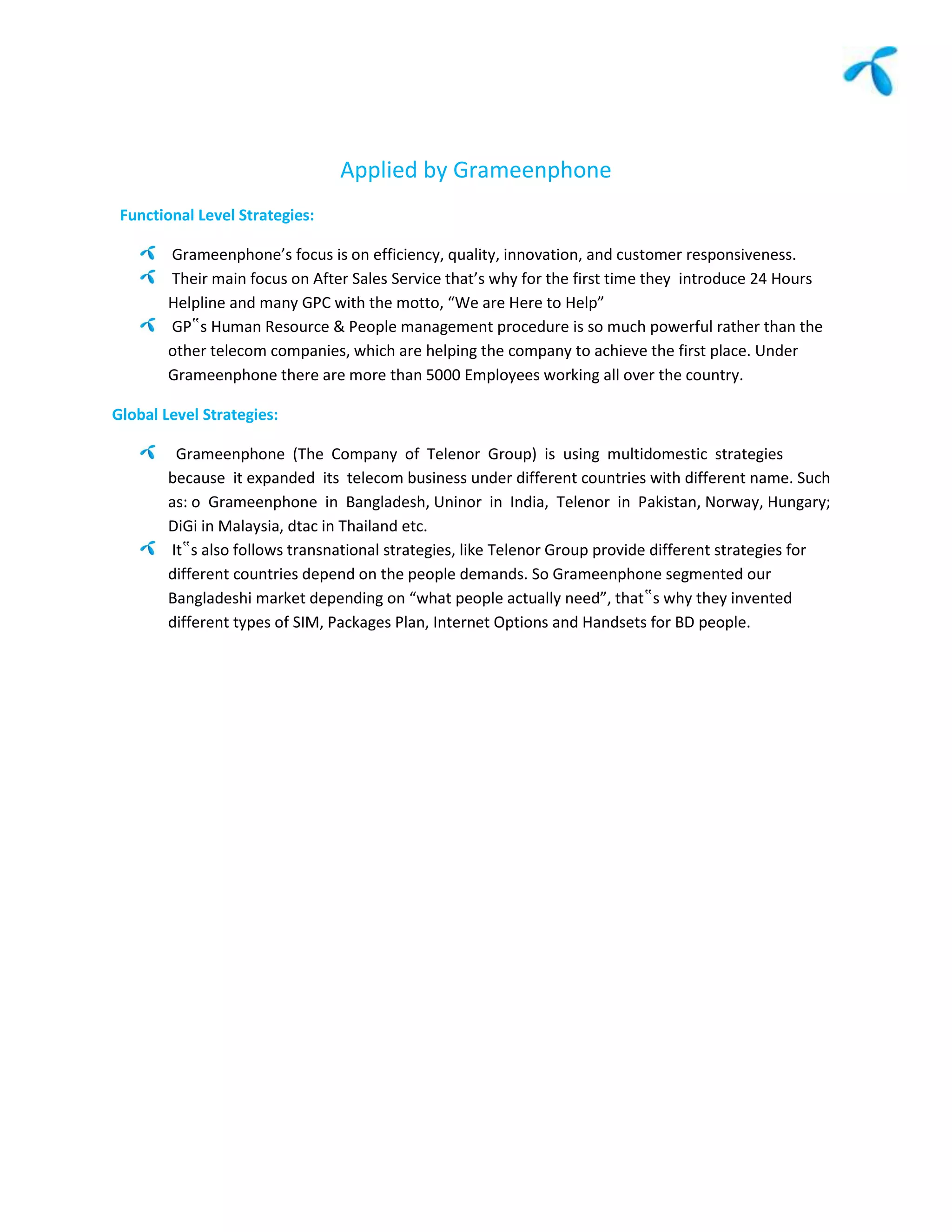 A case study on GrameenPhone Business level Strategy | DOCX
