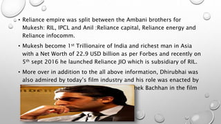 • Reliance empire was split between the Ambani brothers for
Mukesh: RIL, IPCL and Anil :Reliance capital, Reliance energy and
Reliance infocomm.
• Mukesh become 1st Trillionaire of India and richest man in Asia
with a Net Worth of 22.9 USD billion as per Forbes and recently on
5th sept 2016 he launched Reliance JIO which is subsidiary of RIL.
• More over in addition to the all above information, Dhirubhai was
also admired by today’s film industry and his role was enacted by
famous Aishwarya Rai Bachhan and Abhishek Bachhan in the film
‘GURU’.
 