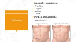 Treatment
 Conservative management
1. IV Antibiotic
2. Antipyretic
3. Analgesic
4. Antacid
Surgical management
(Appendicectomy )
 