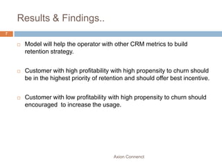 Results & Findings..
7


       Model will help the operator with other CRM metrics to build
        retention strategy.


       Customer with high profitability with high propensity to churn should
        be in the highest priority of retention and should offer best incentive.


       Customer with low profitability with high propensity to churn should
        encouraged to increase the usage.




                                          Axion Connenct
 