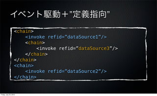 イベント駆動＋”定義指向”
                   <chain>
                       <invoke refid=”dataSource1”/>
                       <chain>
                            <invoke refid=”dataSource3”/>
                       </chain>
                   </chain>
                   <chain>
                       <invoke refid=”dataSource2”/>
                   </chain>


Friday, July 23, 2010
 