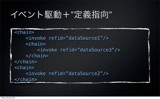 イベント駆動＋”定義指向”
                   <chain>
                       <invoke refid=”dataSource1”/>
                       <chain>
                            <invoke refid=”dataSource3”/>
                       </chain>
                   </chain>
                   <chain>
                       <invoke refid=”dataSource2”/>
                   </chain>


Friday, July 23, 2010
 