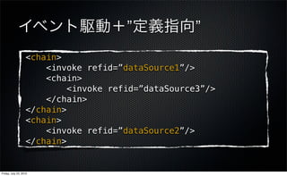 イベント駆動＋”定義指向”
                   <chain>
                       <invoke refid=”dataSource1”/>
                       <chain>
                            <invoke refid=”dataSource3”/>
                       </chain>
                   </chain>
                   <chain>
                       <invoke refid=”dataSource2”/>
                   </chain>


Friday, July 23, 2010
 