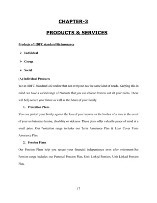CHAPTER-3

                       PRODUCTS & SERVICES

Products of HDFC standard life insurance

 Individual

 Group

 Social

(A) Individual Products

We at HDFC Standard Life realize that not everyone has the same kind of needs. Keeping this in

mind, we have a varied range of Products that you can choose from to suit all your needs. These

will help secure your future as well as the future of your family.

   1. Protection Plans

You can protect your family against the loss of your income or the burden of a loan in the event

of your unfortunate demise, disability or sickness. These plans offer valuable peace of mind at a

small price. Our Protection range includes our Term Assurance Plan & Loan Cover Term

Assurance Plan.

   2. Pension Plans

Our Pension Plans help you secure your financial independence even after retirement.Our

Pension range includes our Personal Pension Plan, Unit Linked Pension, Unit Linked Pension

Plus.




                                                 17
 