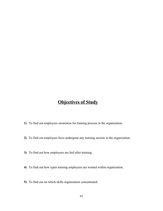 Objectives of Study



1) To find out employees awareness for training process in the organization.



2) To find out employees have undergone any training session in the organization.



3) To find out how employees are feel after training.



4) To find out how types training employees are wanted within organization.



5) To find out on which skills organization concentrated.



                                           61
 