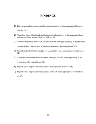 FINDINGS


1) The whole population was aware of the training process in their organization.(Shown in

   table no. 01).

2) After observation it has been found that majority of employees in the organization have
   undergone training session.(Shown in table no. 02)

3) With the observation it has been analyzed that the employees normally do not have the

   common feeling either in favor of training or in against.(Shown in table no. 03)

4) Around one third of the total employees undergo half yearly training.(Shown in table no.
   04)

5) It could be interpreted that the conceptual training is the most occurring training in the

   organization.(Shown in table no. 05).

6) Majority of the employees have undergone trainer.(Shown in table no. 06).

7) Majority of the employees have undergone on the job training program.(Shown in table

   no. 07).




                                             73
 