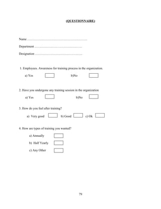 (QUESTIONNAIRE)




Name …………………………………………………

Department ………………………………………

Designation ………………………………………



1. Employees. Awareness for training process in the organization.

    a) Yes                              b)No



2. Have you undergone any training session in the organization

     a) Yes                                 b)No


3. How do you feel after training?

      a) Very good               b) Good            c) Ok


4. How are types of training you wanted?

        a) Annually

        b) Half Yearly

        c) Any Other




                                               79
 
