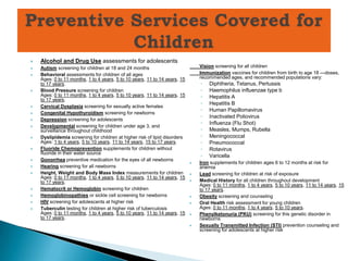    Alcohol and Drug Use assessments for adolescents
   Autism screening for children at 18 and 24 months                           Vision screening for all children
   Behavioral assessments for children of all ages                             Immunization vaccines for children from birth to age 18 —doses,
    Ages: 0 to 11 months, 1 to 4 years, 5 to 10 years, 11 to 14 years, 15       recommended ages, and recommended populations vary:
    to 17 years.                                                                ◦   Diphtheria, Tetanus, Pertussis
   Blood Pressure screening for children                                       ◦   Haemophilus influenzae type b
    Ages: 0 to 11 months, 1 to 4 years, 5 to 10 years, 11 to 14 years, 15       ◦   Hepatitis A
    to 17 years.
                                                                                ◦   Hepatitis B
   Cervical Dysplasia screening for sexually active females
                                                                                ◦   Human Papillomavirus
   Congenital Hypothyroidism screening for newborns
                                                                                ◦   Inactivated Poliovirus
   Depression screening for adolescents
                                                                                ◦   Influenza (Flu Shot)
   Developmental screening for children under age 3, and
    surveillance throughout childhood                                           ◦   Measles, Mumps, Rubella
   Dyslipidemia screening for children at higher risk of lipid disorders       ◦   Meningococcal
    Ages: 1 to 4 years, 5 to 10 years, 11 to 14 years, 15 to 17 years.          ◦   Pneumococcal
   Fluoride Chemoprevention supplements for children without                   ◦   Rotavirus
    fluoride in their water source
                                                                                ◦   Varicella
   Gonorrhea preventive medication for the eyes of all newborns
                                                                               Iron supplements for children ages 6 to 12 months at risk for
   Hearing screening for all newborns                                          anemia
   Height, Weight and Body Mass Index measurements for children               Lead screening for children at risk of exposure
    Ages: 0 to 11 months, 1 to 4 years, 5 to 10 years, 11 to 14 years, 15
    to 17 years.                                                               Medical History for all children throughout development
                                                                                Ages: 0 to 11 months, 1 to 4 years, 5 to 10 years, 11 to 14 years, 15
   Hematocrit or Hemoglobin screening for children                             to 17 years.
   Hemoglobinopathies or sickle cell screening for newborns                   Obesity screening and counseling
   HIV screening for adolescents at higher risk                               Oral Health risk assessment for young children
   Tuberculin testing for children at higher risk of tuberculosis              Ages: 0 to 11 months, 1 to 4 years, 5 to 10 years.
    Ages: 0 to 11 months, 1 to 4 years, 5 to 10 years, 11 to 14 years, 15      Phenylketonuria (PKU) screening for this genetic disorder in
    to 17 years.                                                                newborns
                                                                               Sexually Transmitted Infection (STI) prevention counseling and
                                                                                screening for adolescents at higher risk
 