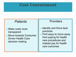 Patients                   Providers

 Make costs more          Identify and Drive best
  transparent               practices
                           Find ways to move away
 Move towards Consumer
                            from paying for health
  Driven Health Care
                            care procedures and
  decision making
                            instead pay for health
                            care outcomes
 