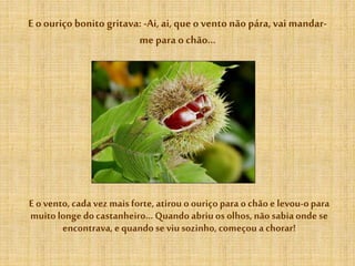 E o ouriço bonito gritava: -Ai, ai, que o vento não pára, vai mandar-
me para o chão…
E o vento,cadavezmais forte,atirou o ouriçopara ochão elevou-opara
muitolonge docastanheiro…Quandoabriuos olhos, nãosabiaondese
encontrava,e quandoseviusozinho, começou achorar!
 