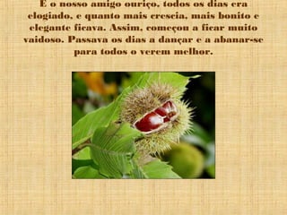 E o nosso amigo ouriço, todos os dias era
elogiado, e quanto mais crescia, mais bonito e
elegante ficava. Assim, começou a ficar muito
vaidoso. Passava os dias a dançar e a abanar-se
para todos o verem melhor.
 