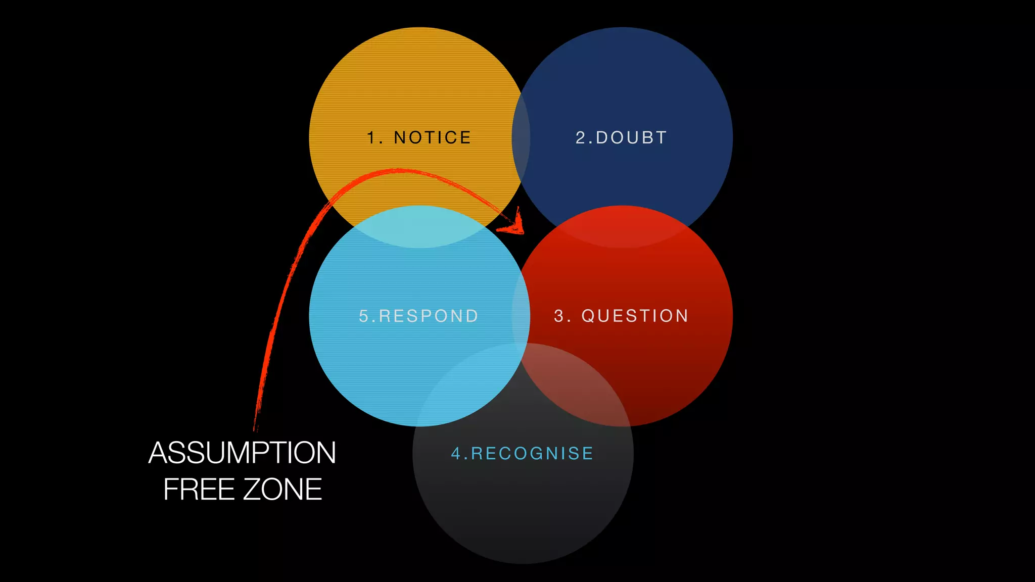 1 . N O T I C E 2 . D O U B T
3 . Q U E S T I O N
4 . R E C O G N I S E
5 . R E S P O N D
ASSUMPTION
FREE ZONE
 
