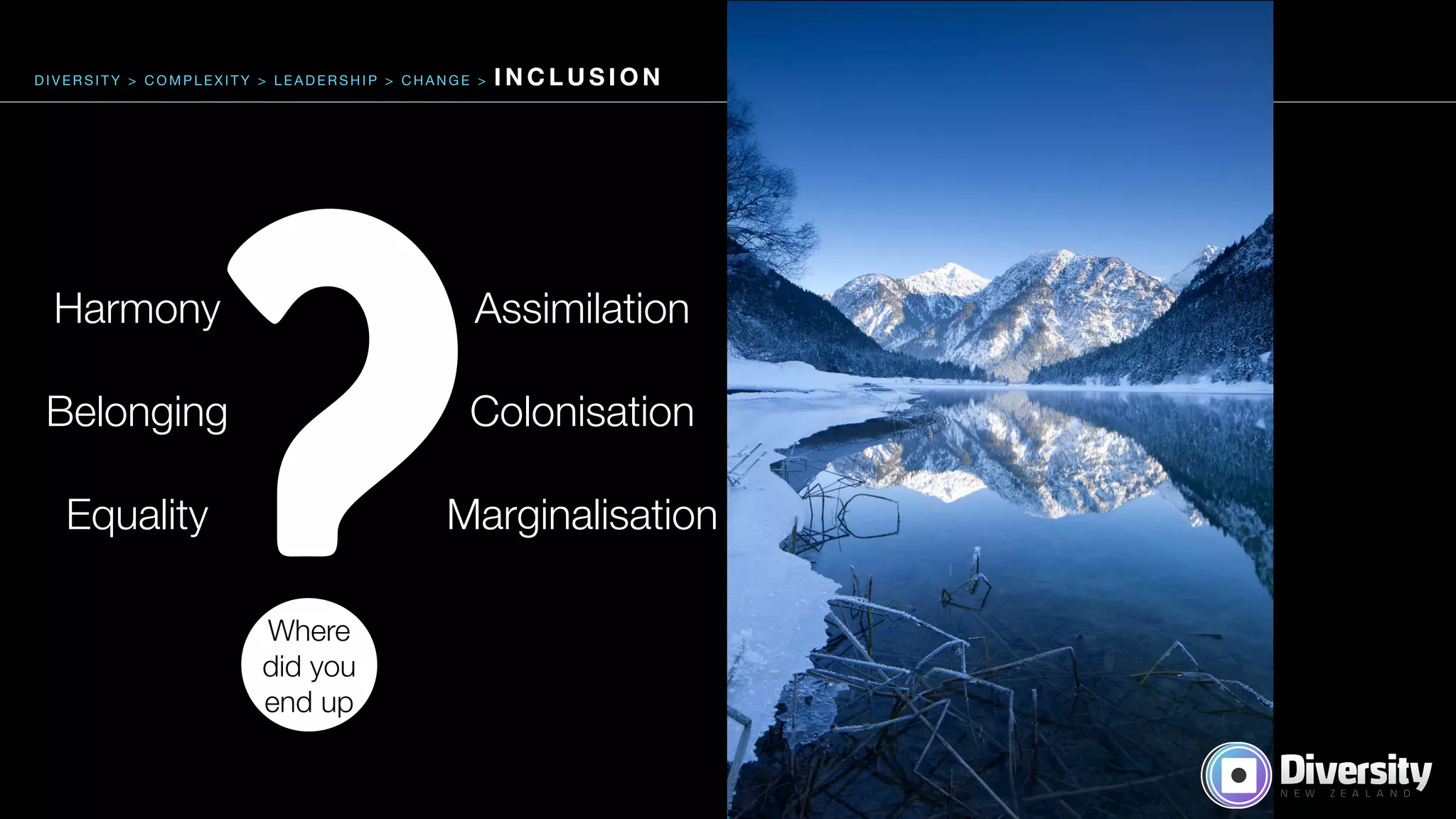 ?
D I V E R S I T Y > C O M P L E X I T Y > L E A D E R S H I P > C H A N G E > I N C L U S I O N
Where
did you
end up
Harmony
Belonging
Equality
Assimilation
Colonisation
Marginalisation
 