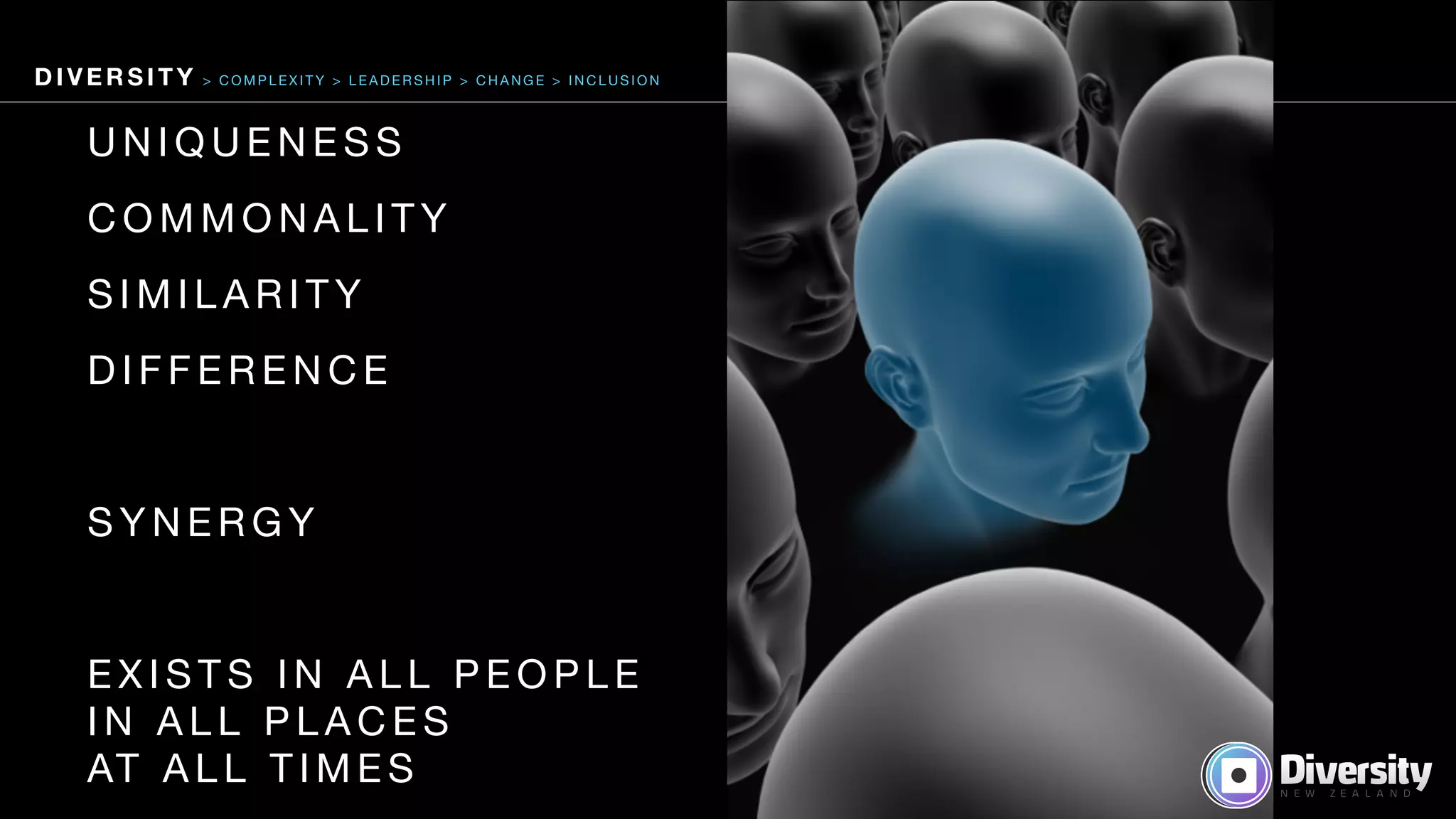 U N I Q U E N E S S 

C O M M O N A L I T Y 

S I M I L A R I T Y 

D I F F E R E N C E 

S Y N E R G Y 

E X I S T S I N A L L P E O P L E
I N A L L P L A C E S  
AT A L L T I M E S
D I V E R S I T Y > C O M P L E X I T Y > L E A D E R S H I P > C H A N G E > I N C L U S I O N
 