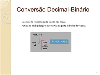 Conversão Decimal-Binário
Caso exista fração: a parte inteira não muda.
Aplica-se multiplicações sucessivas na parte à direita da vírgula.
10
 
